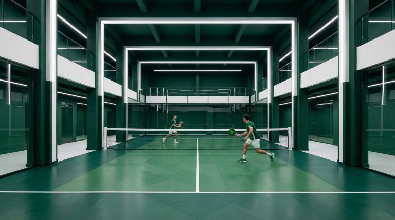 Two players in green and white attire play Padel on a modern indoor court. The sleek facility is designed in forest green and white with bright linear lighting.