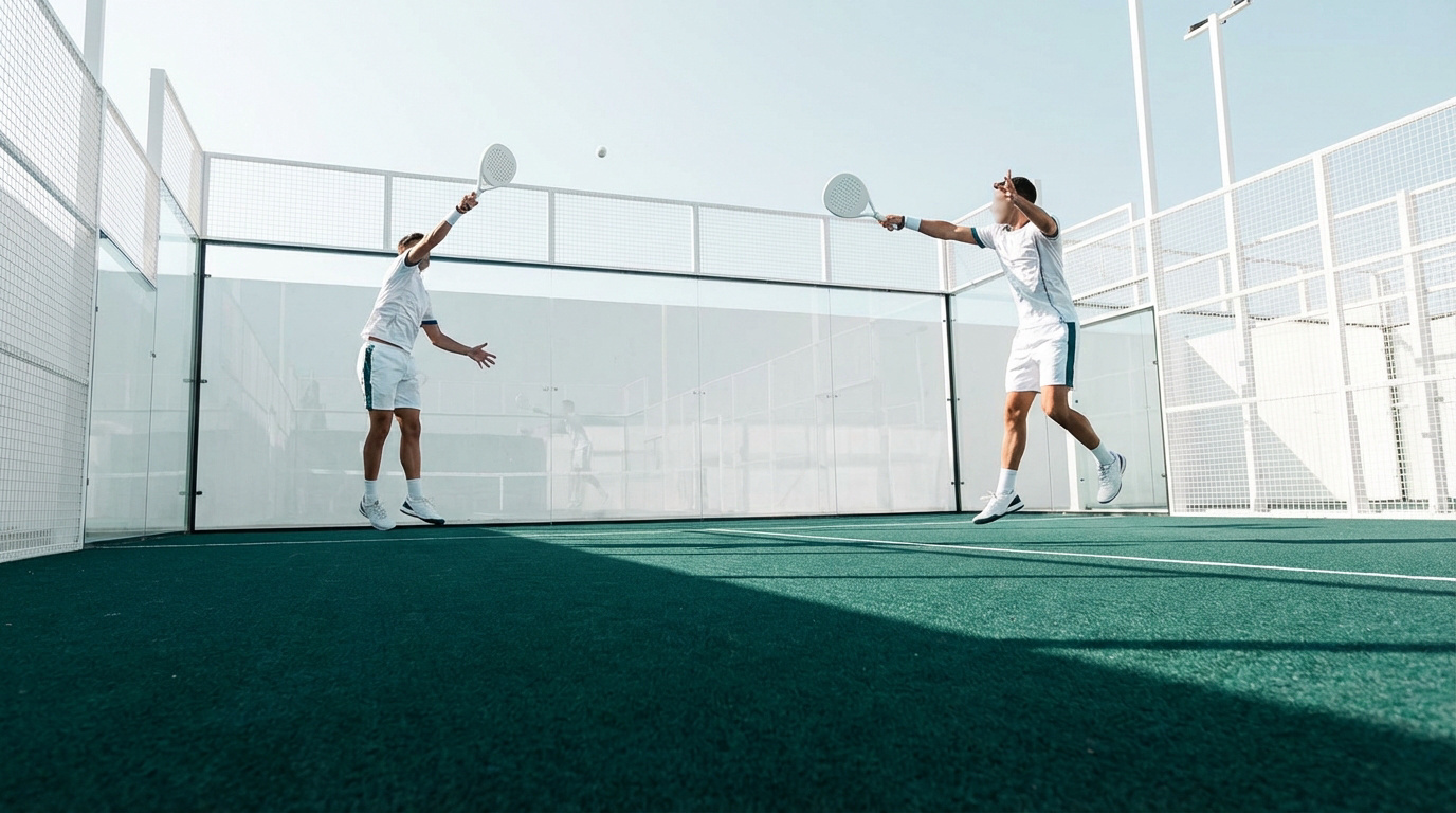 Deux joueurs de padel en tenue blanche sur un court extérieur vert. Ils échangent la balle, raquettes en main, sous un ciel clair.
